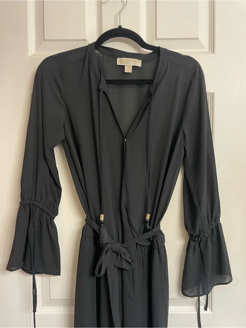 Michael Kors Black Long Sleeve Tie-Waist Jumpsuit with Tassels